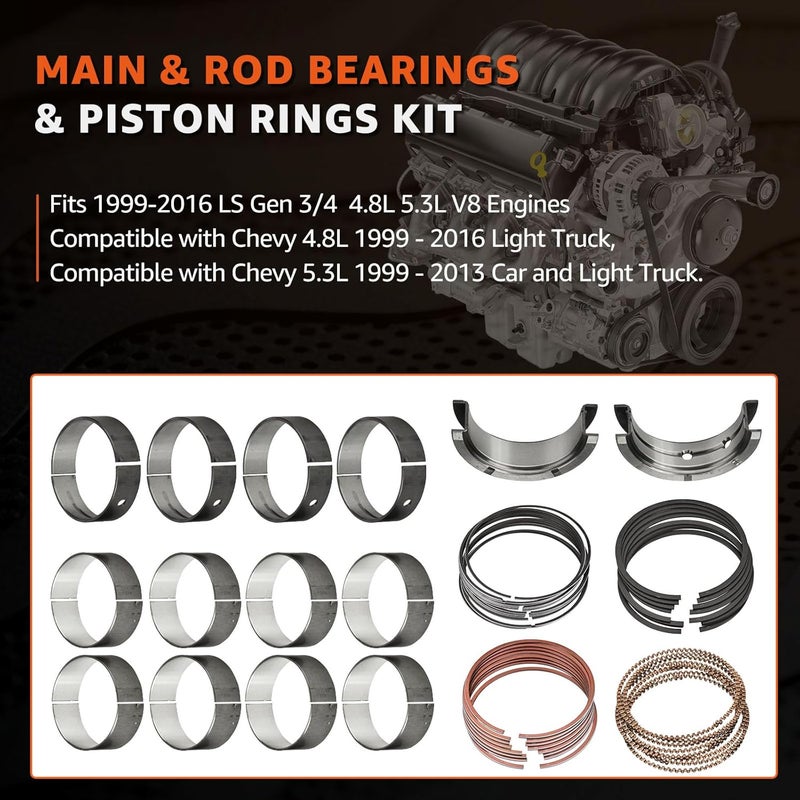 CHARMKER STD Main & Rod Bearing w/Piston Rings Fit for Chevy GM LS Gen III IV 4.8L 5.3L - LM7 LR4 L59 LS4 LY2 L20 LY5 LMG LMF LH6 LC9 L33 V8 1999-2016 Engine Replace# 2M4978 MS2199 BB253J CB663 41859CP - Image 2